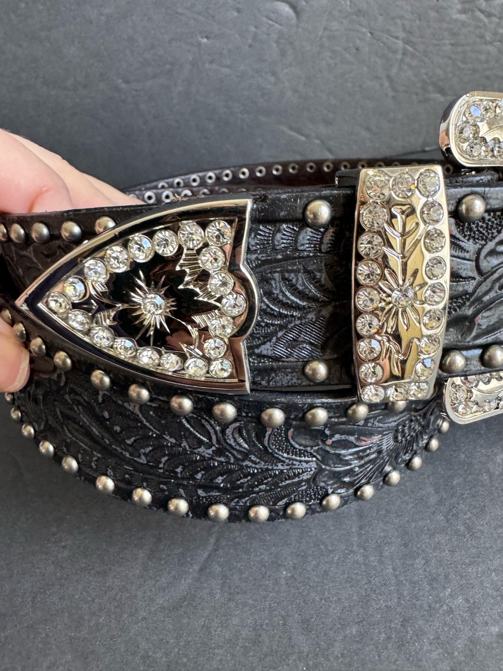 Black Leather Rhinestone Belt Crystal Festival Western Cowgirl Tooled Large - Picture 3 of 12
